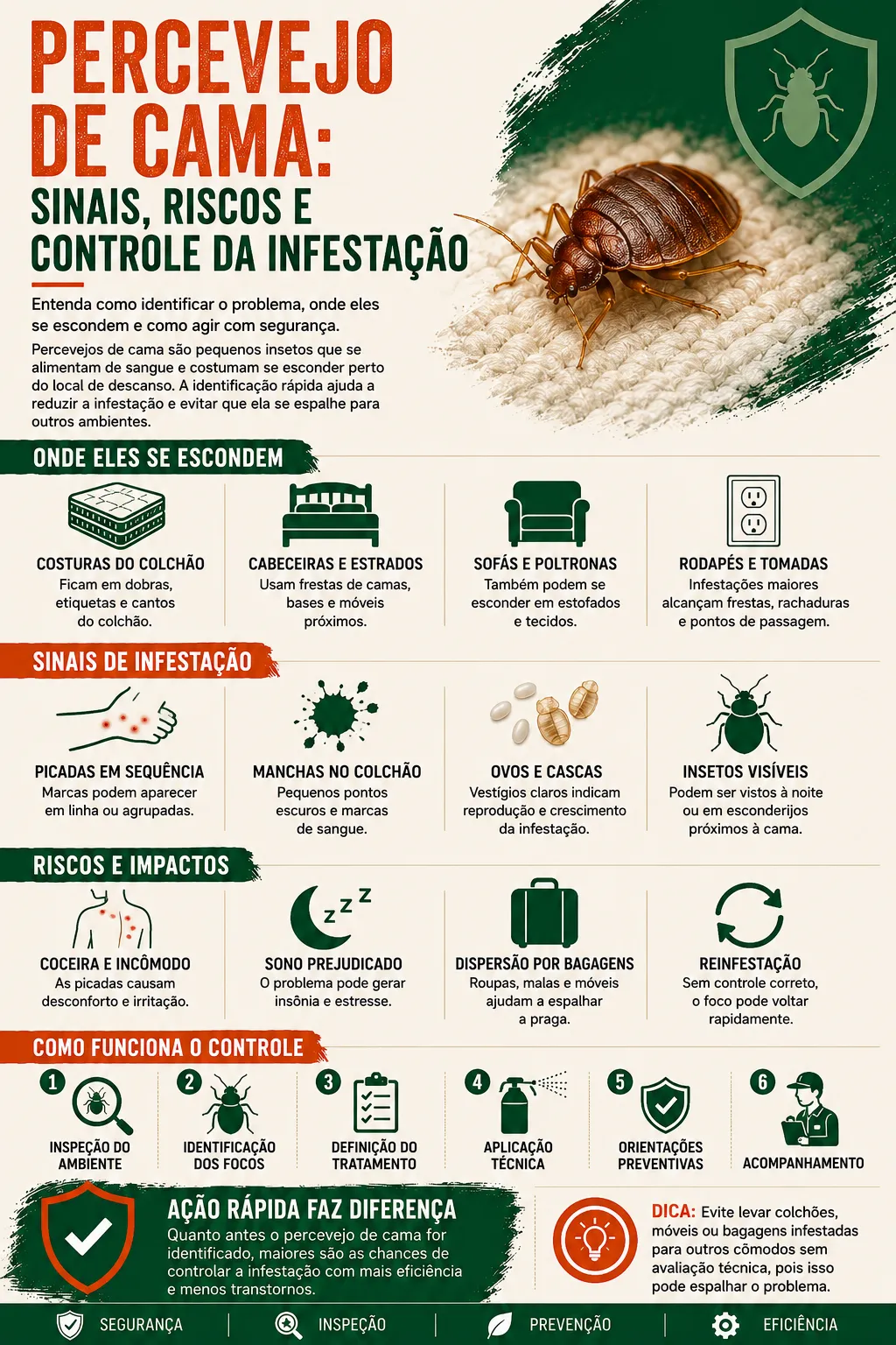Infográfico detalhado com dicas de como identificar e evitar percevejos no colchão e no quarto