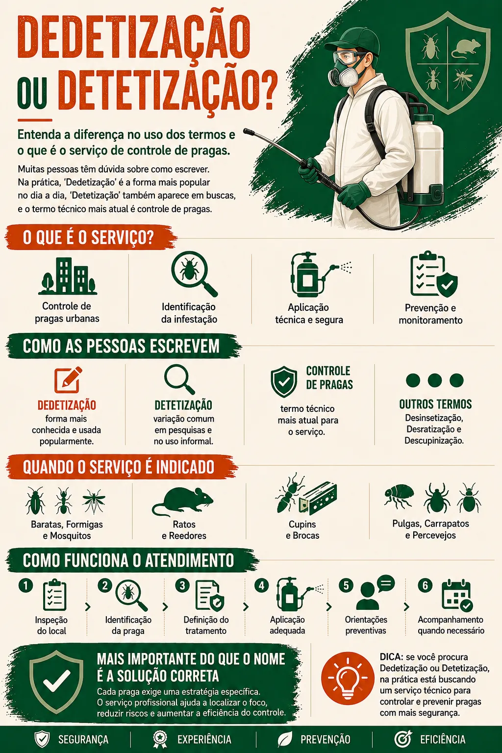 Infográfico explicando a diferença entre dedetização e detetização e a origem do termo