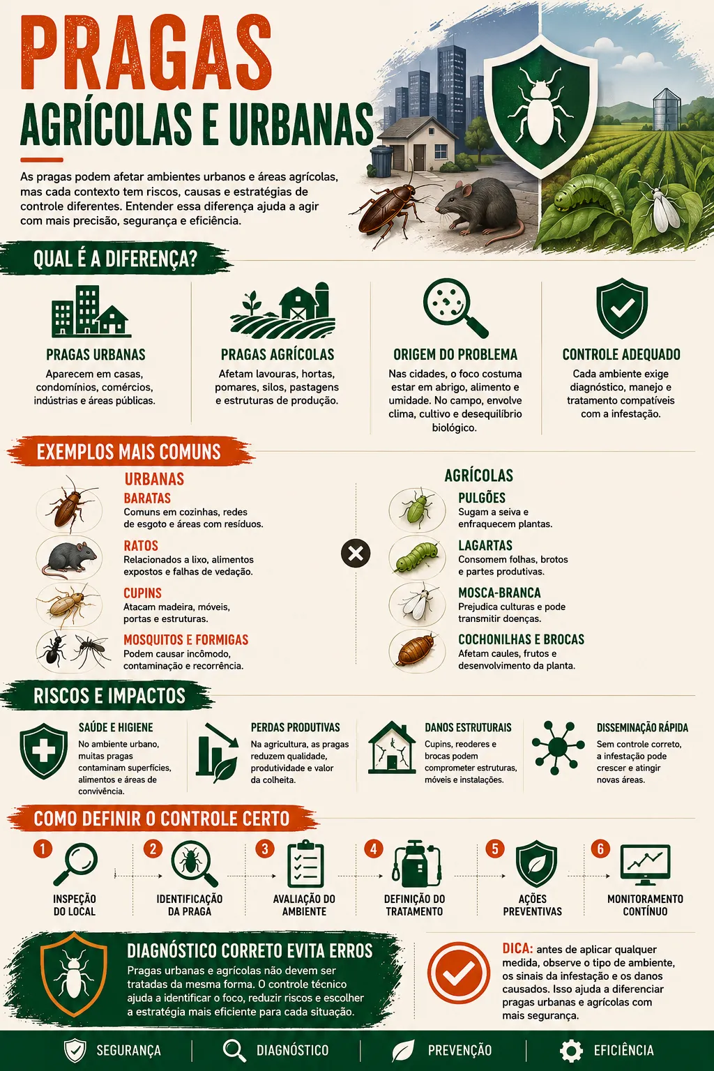 Infográfico detalhado explicando as diferenças entre pragas urbanas, agrícolas e ornamentais